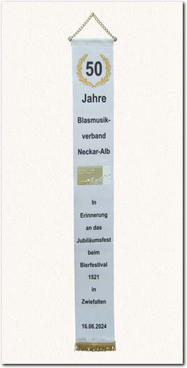 Digital gedruckte Fahnenschleife, Fahnenband, 50 Jahre Blasmusikverband Neckar- Alb in Erinnerung an das Jubiläumsfest beim Bierfestival 1521 in Zwiefalten 2014
